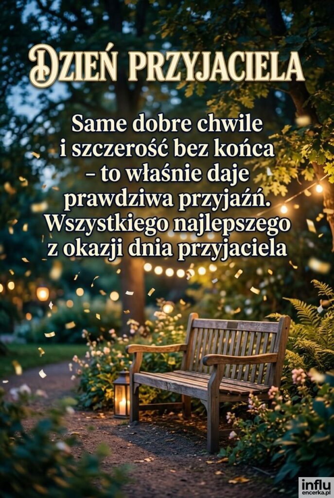 Pusta ławka w parku otoczona unoszącym się konfetti i światłami bokeh, z nagłówkiem „Dzień Przyjaciela” i życzeniami „Same dobre chwile i szczerość bez końca”.