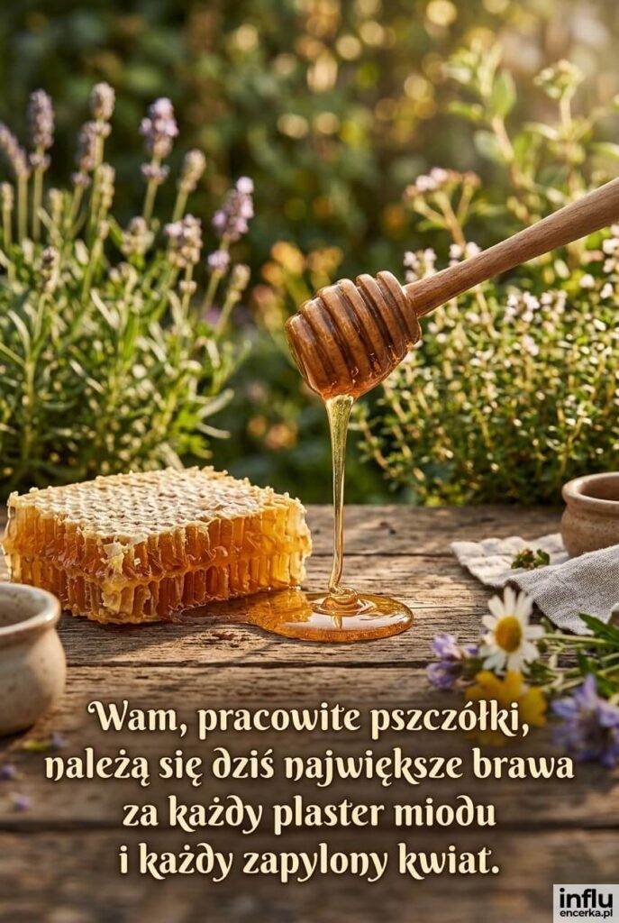 Plaster miodu ociekający złocistym miodem na drewnianym blacie, z napisem „Wam, pracowite pszczółki, należą się dziś największe brawa".