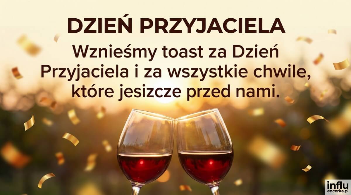 Kartka z dwoma kieliszkami wina w toaście na tle złotego ogrodu i unoszącego się konfetti, z nagłówkiem „Dzień Przyjaciela” i napisem „Wznieśmy toast za Dzień Przyjaciela i za wszystkie chwile, które jeszcze przed nami”.