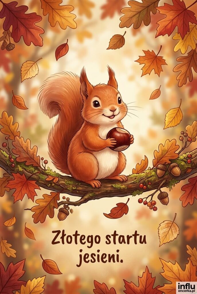 Ilustrowana kartka z wiewiórką trzymającą kasztan wśród opadających liści, w ciepłych barwach rudości i pomarańczu, z napisem „Złotego startu jesieni".