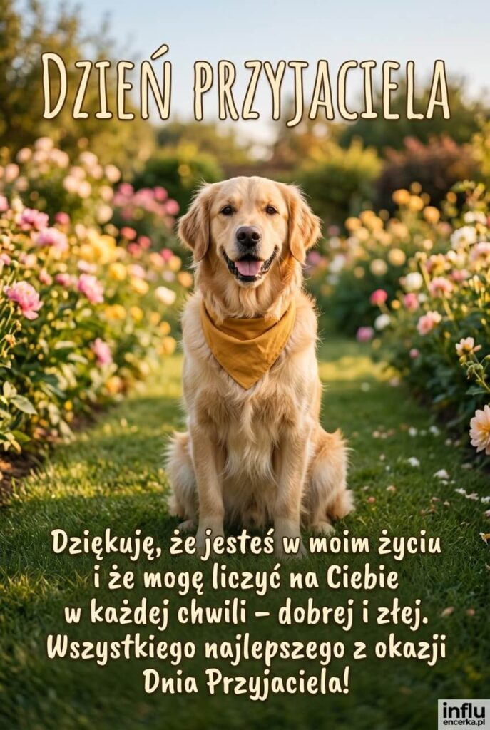 Golden retriever siedzący w słonecznym ogrodzie pod nagłówkiem „Dzień Przyjaciela” i życzeniami „Dziękuję, że jesteś w moim życiu”.