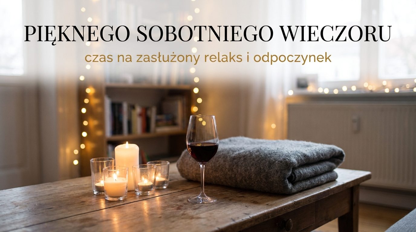 Zdjęcie przedstawiające relaksujący klimat ze świecami i kocem na weekend z napisem „PIĘKNEGO SOBOTNIEGO WIECZORU”.
