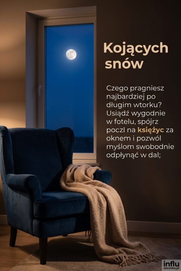 Fotel domowy przy oknie z widokiem na księżyc, gdzie widnieje napis "Kojących snów".