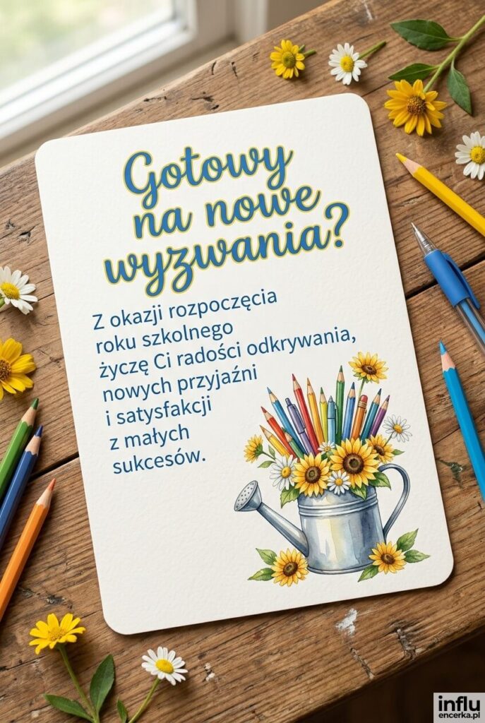 Kartka fotorealistyczna pokazuje konewkę pełną kredek obok stokrotek i słoneczników, z pytaniem „Gotowy na nowe wyzwania?” i życzeniami szkolnymi.