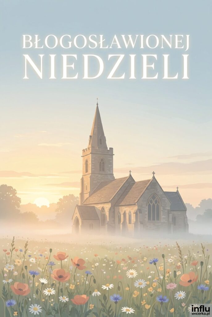 Kościół we mgle o wschodzie słońca z napisem „Błogosławionej niedzieli” na spokojnym niebie.