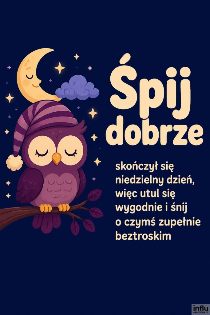 Kreskówkowa senna sowa na gałęzi z gwiazdkami i napisem „Śpij dobrze” w kremowym kolorze.