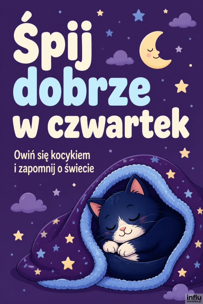 Kreskówkowy kotek zwinięty pod kocykiem na fioletowym tle z napisem „Śpij dobrze w czwartek”.
