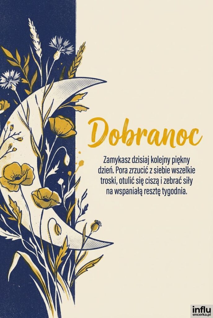 "Dobranoc" zapisane obok ilustracji półksiężyca z polnymi kwiatami, stylizowane na plakat z matowym nadrukiem sitodrukowym.