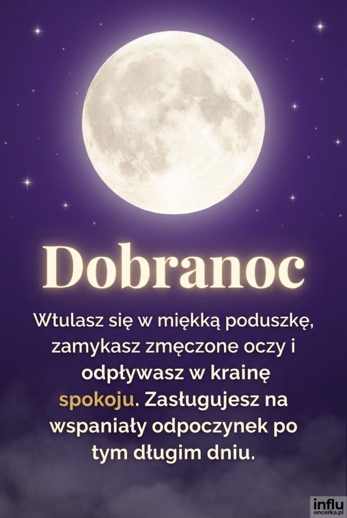Nastrojowa kartka z wielkim księżycem na fioletowym niebie i napisem "Dobranoc".