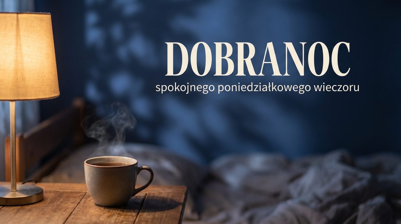 Nastrojowe zdjęcie sypialni z zapaloną lampką nocną i parującą herbatą oraz relaksującym nagłówkiem „DOBRANOC”.