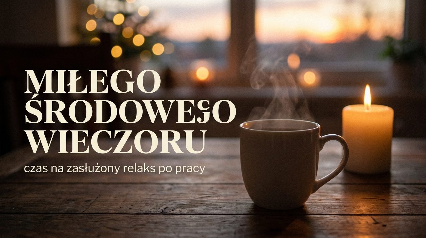 Ciepła, przytulna scena z kubkiem herbaty i świecą oraz napis „MIŁEGO ŚRODOWEGO WIECZORU” idealna na środek tygodnia.