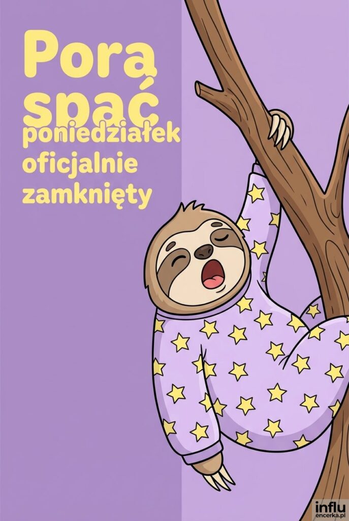 Ziewający leniwiec w piżamie na pastelowym tle obok zabawnego nagłówka „Pora spać”.