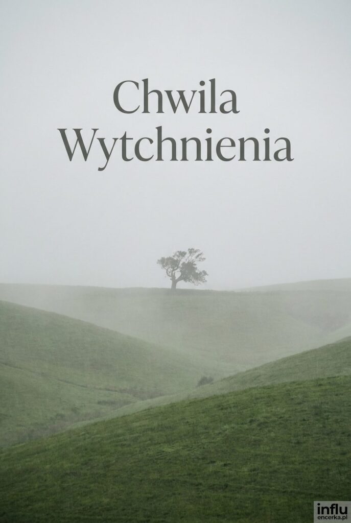 Zielone wzgórza spowite mgłą i deszczem z pojedynczym drzewem oraz napisem „Chwila Wytchnienia".