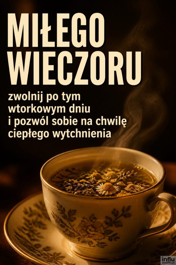 Parująca filiżanka herbaty w ciepłym świetle z napisem „MIŁEGO WIECZORU” na wtorek.