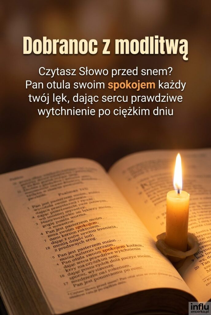 Otwarta Biblia i płonąca świeca wraz z tekstem „Dobranoc z modlitwą”.