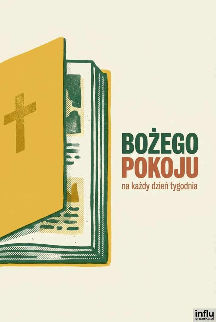 Ilustracja otwartej Biblii z krzyżykiem w stylu risografu i napis „Bożego pokoju” na kremowym tle.