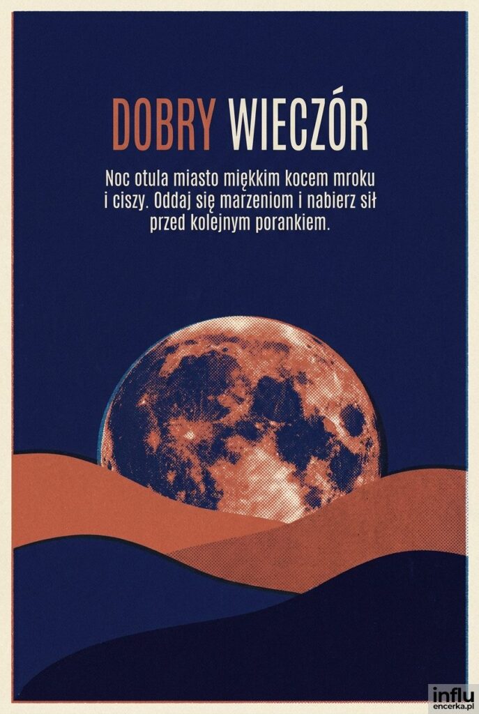 Płaska ilustracja ogromnego księżyca i krajobrazu z napisem „Dobry wieczór” w technice riso.