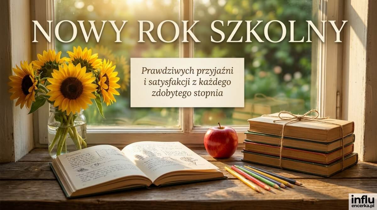 Fotorealistyczna kartka pozioma pokazuje parapet ze słonecznikami, otwartym zeszytem i jabłkiem w słońcu, z nagłówkiem „NOWY ROK SZKOLNY” i życzeniami