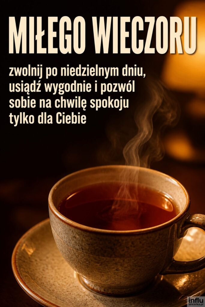 Zbliżenie parującej herbaty przy ciepłym świetle z napisem „MIŁEGO WIECZORU” w kremowej bieli.