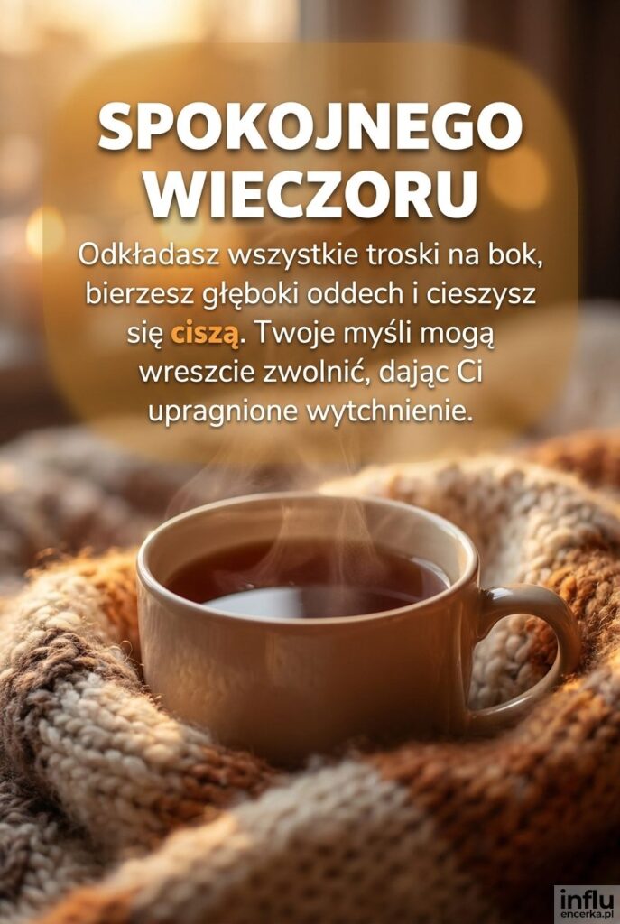 Zbliżenie na parujący kubek herbaty na kocyku z życzeniami "Spokojnego wieczoru".