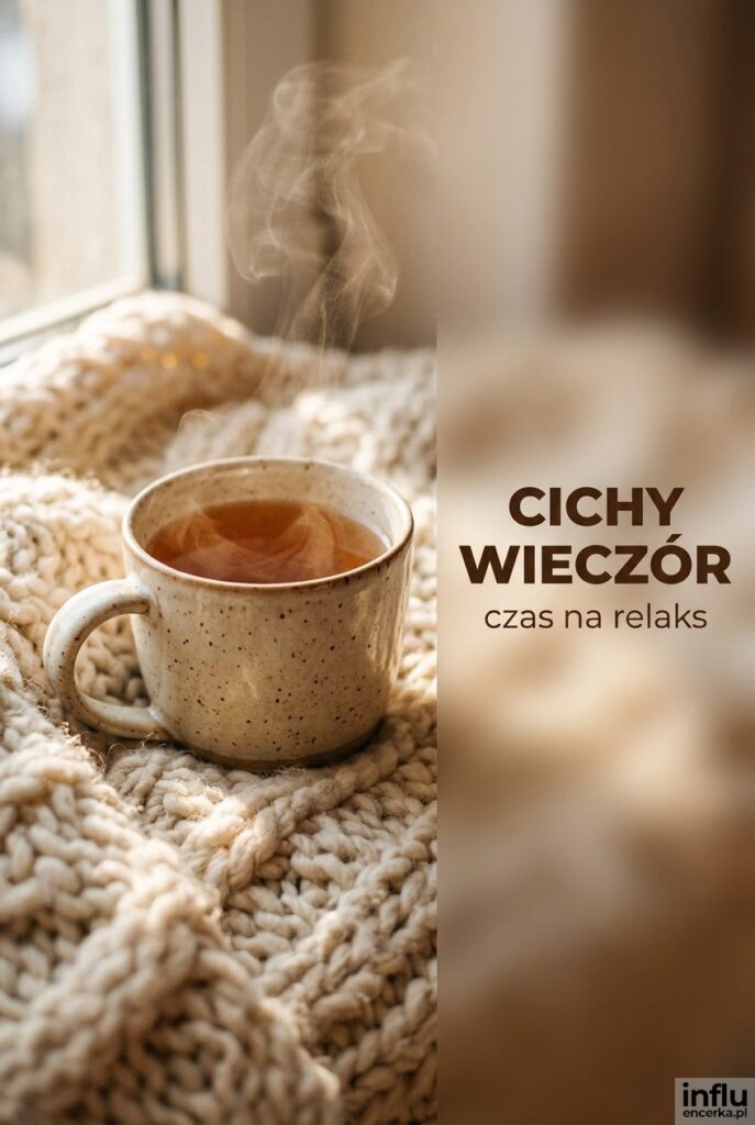 Zbliżenie na kubek herbaty i wełniany koc z napisem "Cichy wieczór".