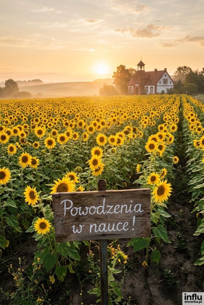 Kartka fotorealistyczna pokazuje pole słoneczników w złotym porannym świetle z drewnianą tabliczką i napisem „Powodzenia w nauce”.