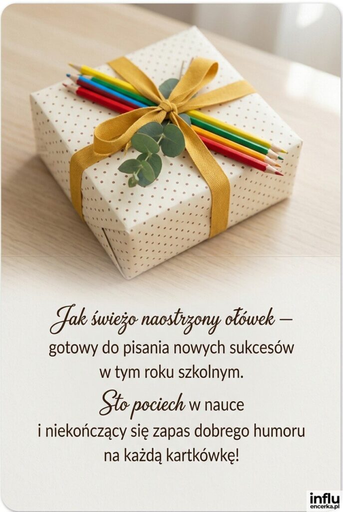 Kartka fotorealistyczna ukazuje prezent przewiązany musztardową wstążką z ołówkami, z żartobliwym napisem „Jak świeżo naostrzony ołówek — gotowy do nowych sukcesów”.