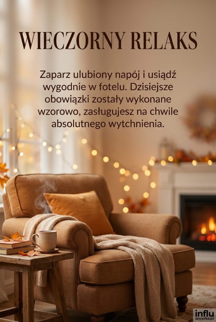 Przytulny kącik z fotelem i parującym kubkiem pod napisem „Wieczorny relaks”.