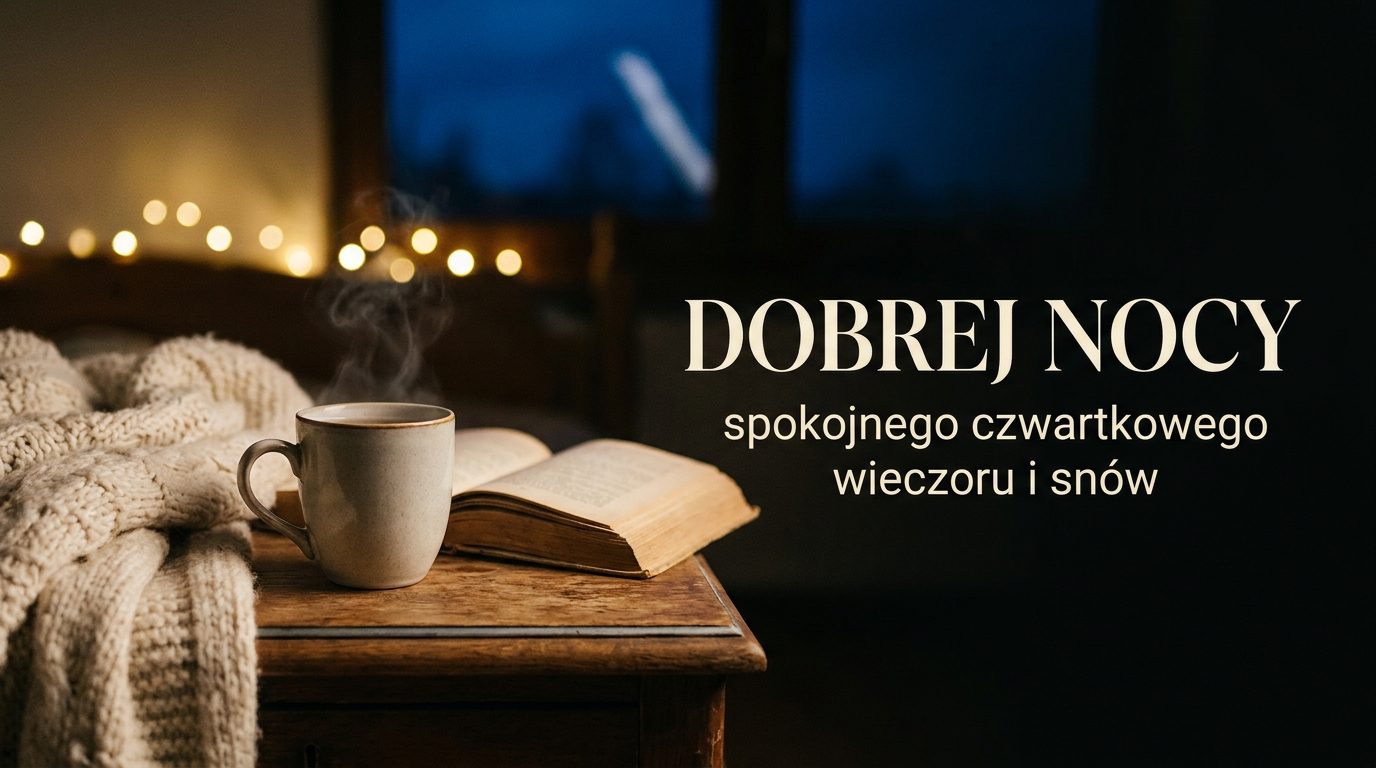 Przytulny wieczorny kadr z kubkiem herbaty na stoliku nocnym oraz dużym napisem „DOBREJ NOCY” na rozmytym tle.