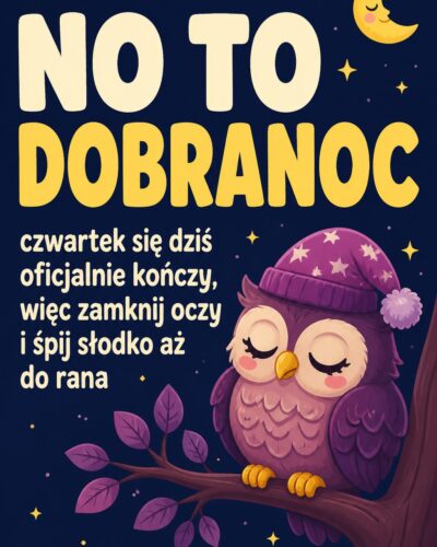 Kreskówkowa senna sowa w czapce na gałęzi z napisem „NO TO DOBRANOC”.