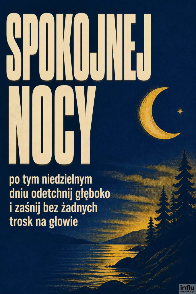 Sitodrukowy księżyc i gwiazda na granacie z napisem „SPOKOJNEJ NOCY” w kremowym kolorze.