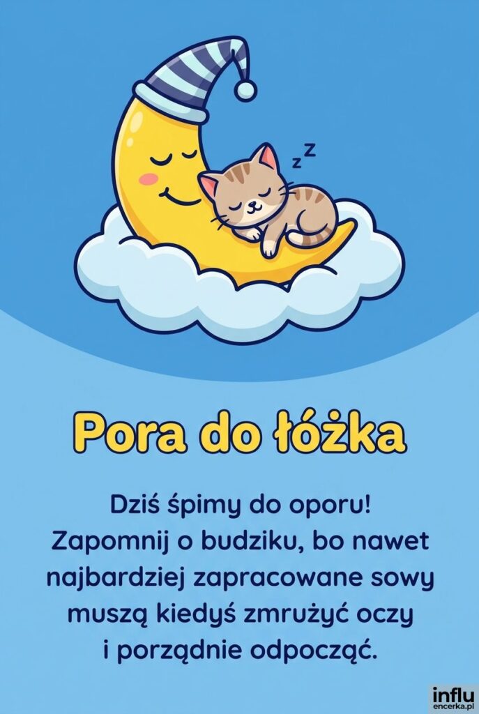 Uśmiechnięty księżyc i śpiący kotek na chmurce z tekstem "Pora do łóżka".