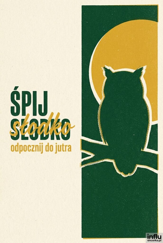 Grafika riso z sową na tle księżyca i napisem "Śpij słodko".