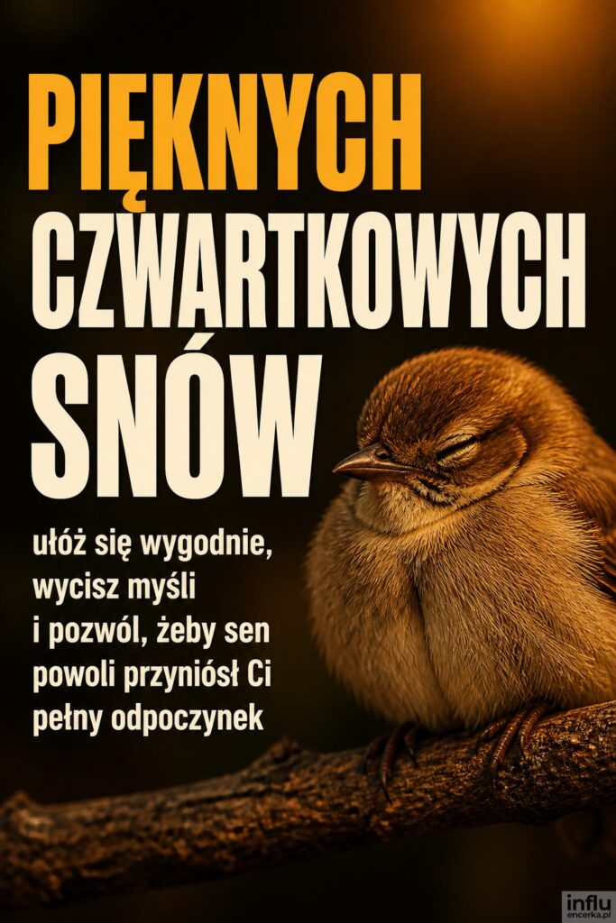 Przysypiający ptaszek z nastroszonymi piórkami w ciepłym świetle i napis „PIĘKNYCH CZWARTKOWYCH SNÓW”.
