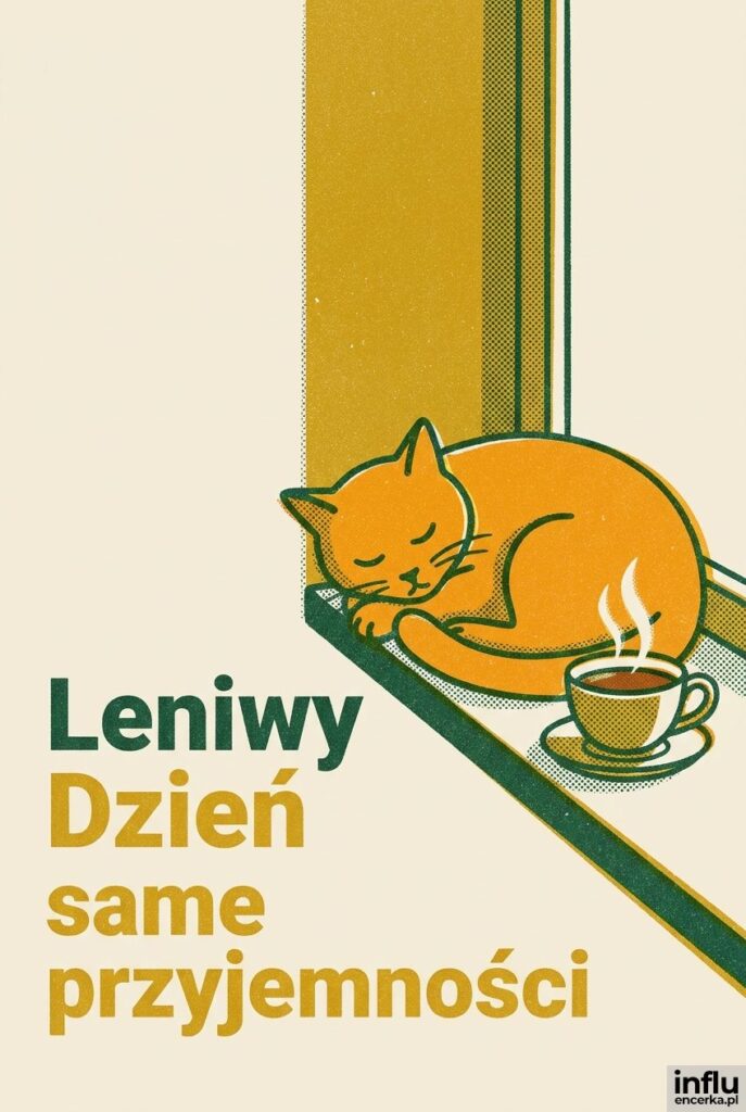 Płaska ilustracja śpiącego rudego kota obok filiżanki herbaty z napisem „Leniwy Dzień" w stylu risografii.