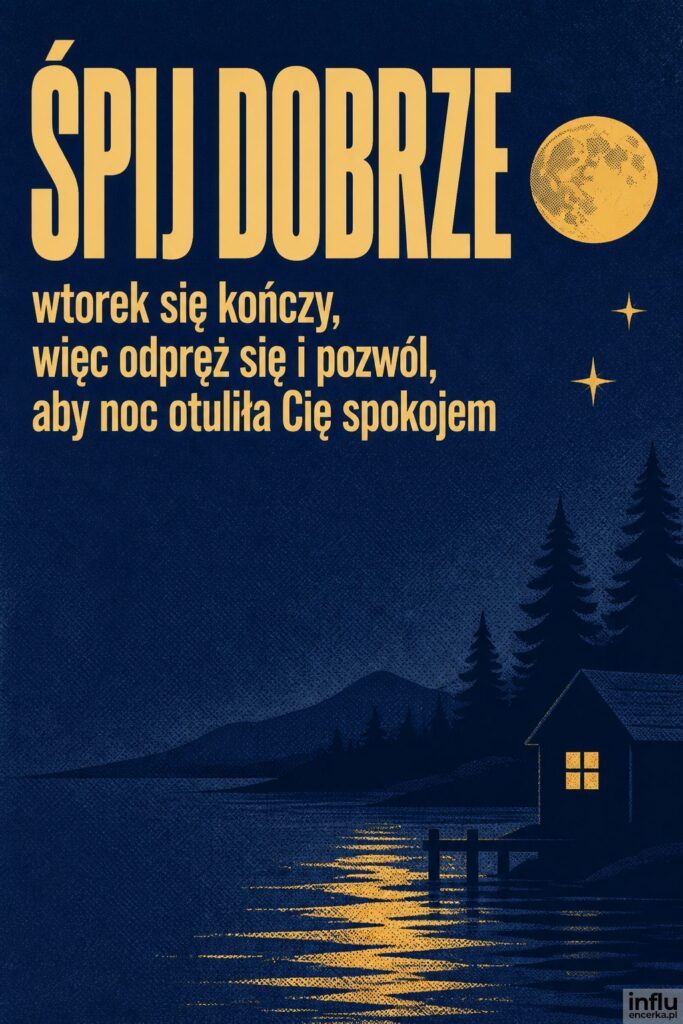 Sitodrukowa ilustracja pełni księżyca z napisem „ŚPIJ DOBRZE” na wtorkową noc.