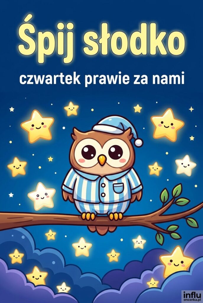 Wesoła sówka w piżamce z gwizdkami i dużym napisem „Śpij słodko”.