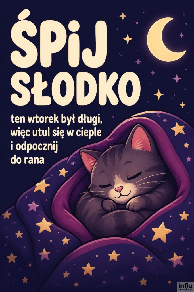 Kreskówkowy śpiący kotek pod kołdrą z napisem „Śpij słodko” na wtorkową noc.