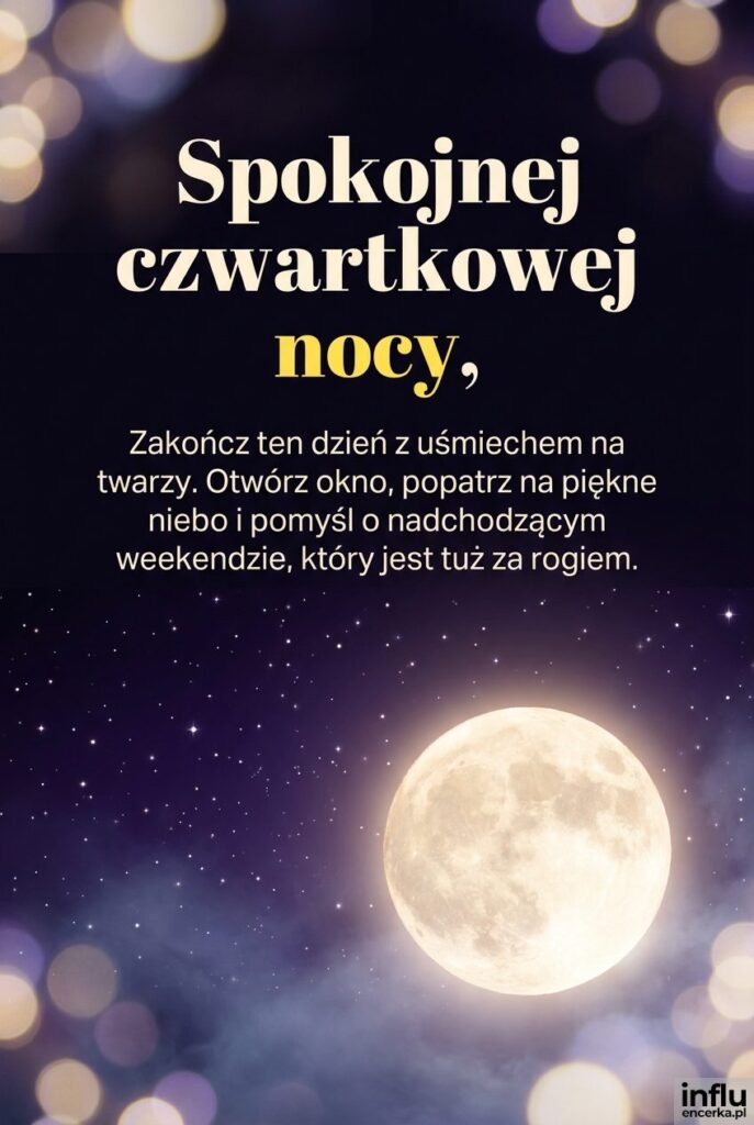 Kartka na dobranoc przedstawiająca gwieździste niebo z napisem „Spokojnej czwartkowej nocy”.