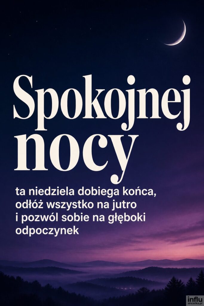 Nocne granatowo-fioletowe niebo z sierpem księżyca i napisem „Spokojnej nocy” w jasnym kolorze.