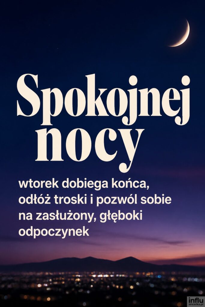 Granatowo-fioletowe nocne tło z sierpem księżyca i napisem „Spokojnej nocy” na wtorkowe pożegnanie.