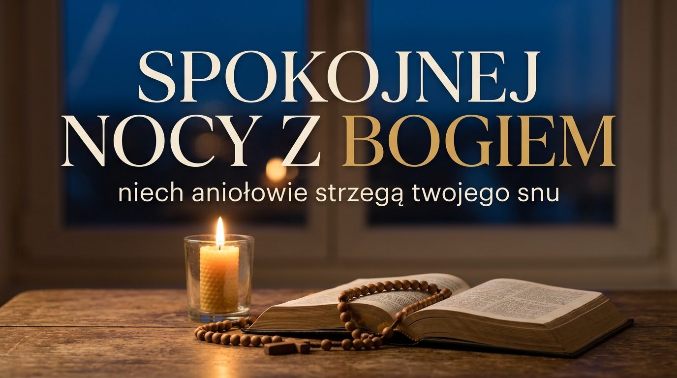 Spokojna wieczorna kompozycja z Biblią, świecą i różańcem na tle nocnego nieba oraz napisem „SPOKOJNEJ NOCY Z BOGIEM”.