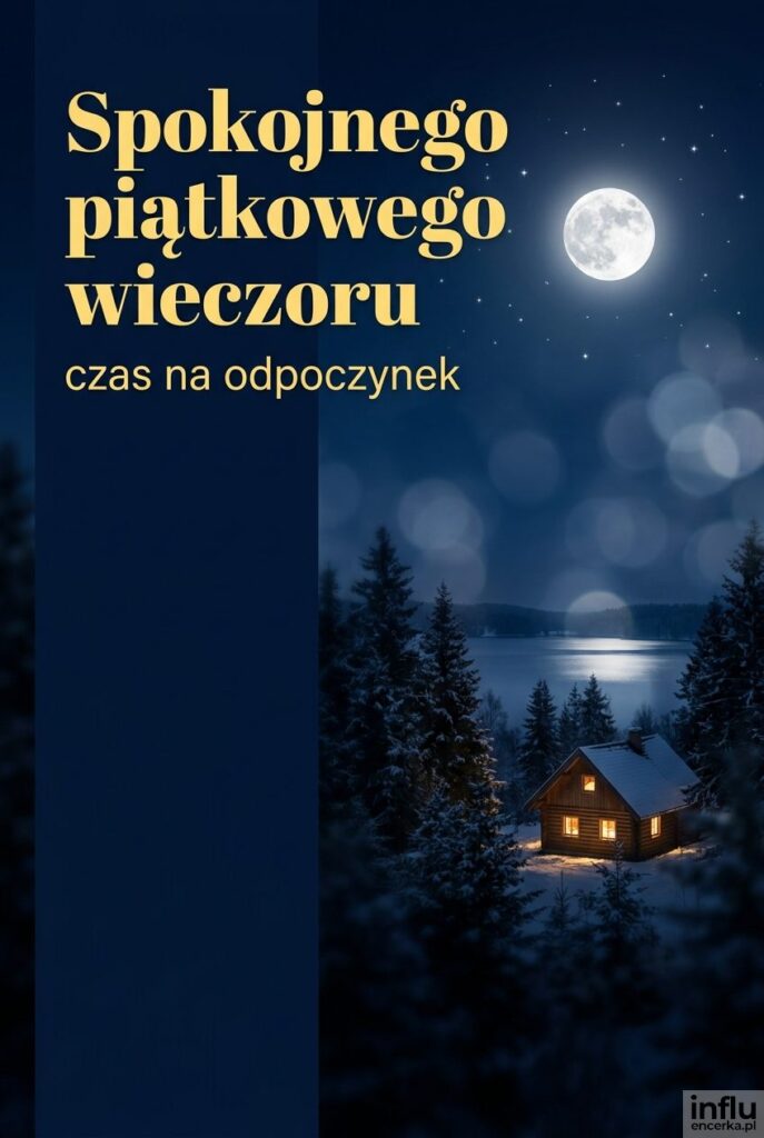 Ciemne nocne niebo z księżycem i napisem "Spokojnego piątkowego wieczoru".