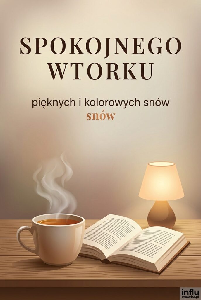 Książka z kubkiem herbaty na stoliku oraz napis "Spokojnego wtorku" w przytulnej domowej atmosferze.