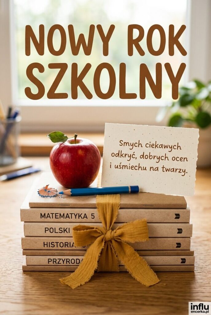 Kartka fotorealistyczna ze stosem podręczników i jabłkiem, nagłówkiem „NOWY ROK SZKOLNY” oraz życzeniem „Otwierasz dziś pierwszą stronę nowego rozdziału wiedzy”.