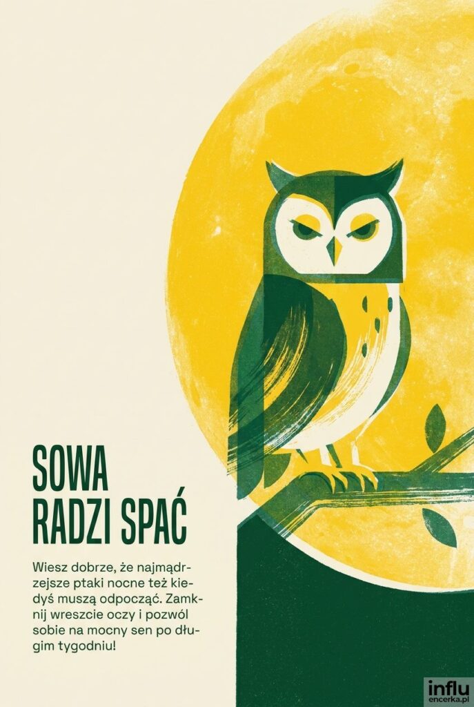 Sowa z sitodruku siedząca na gałęzi na tle wielkiego księżyca i uroczy napis „Sowa radzi spać”.
