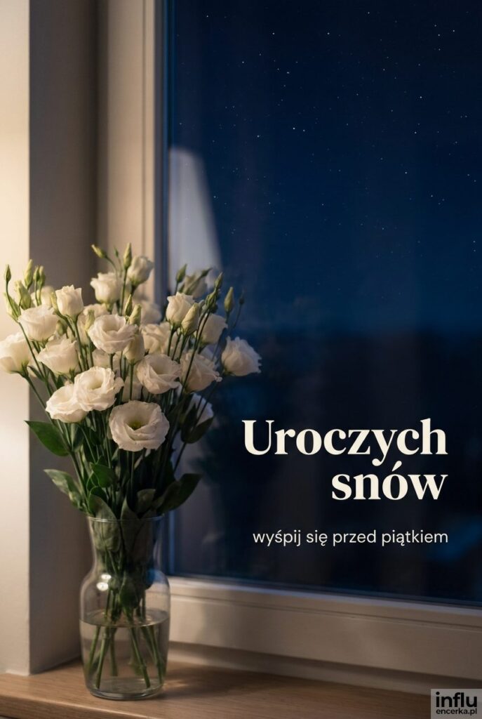 Białe kwiaty na tle nocnego nieba i gwiazd z tekstem „Uroczych snów”.