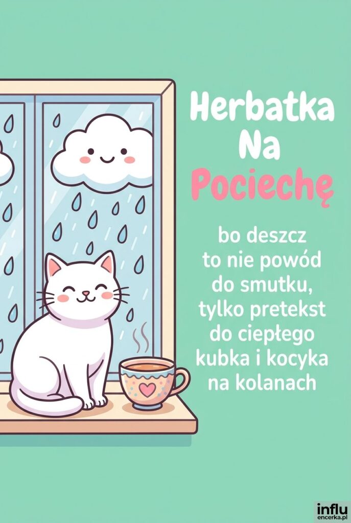 Kreskówkowy biały kot z filiżanką herbaty przy oknie z deszczem i napisem „Herbatka Na Pociechę".
