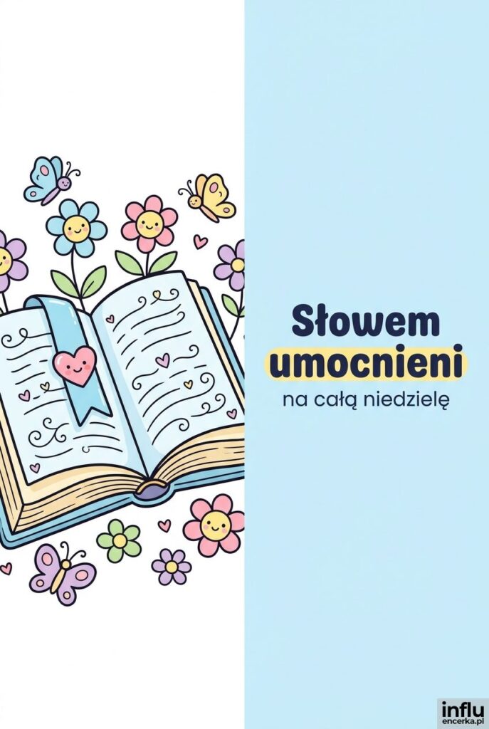 Kreskówkowa Biblia z sercem i motylkami w stylu clipart z napisem „Słowem umocnieni”.