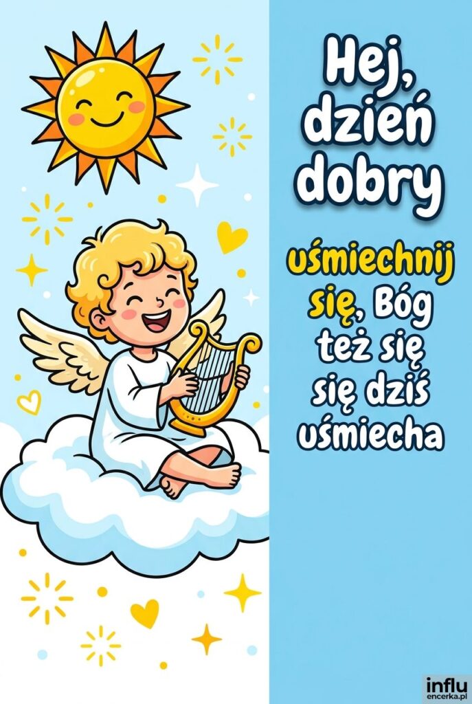 Kolorowa ilustracja uśmiechniętego aniołka na chmurce z napisem „Hej, dzień dobry".